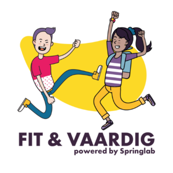 Fit&Vaardig powered by Springlab - logo geel Fit & Vaardig, actieve lessen bewegend leren met Springlab